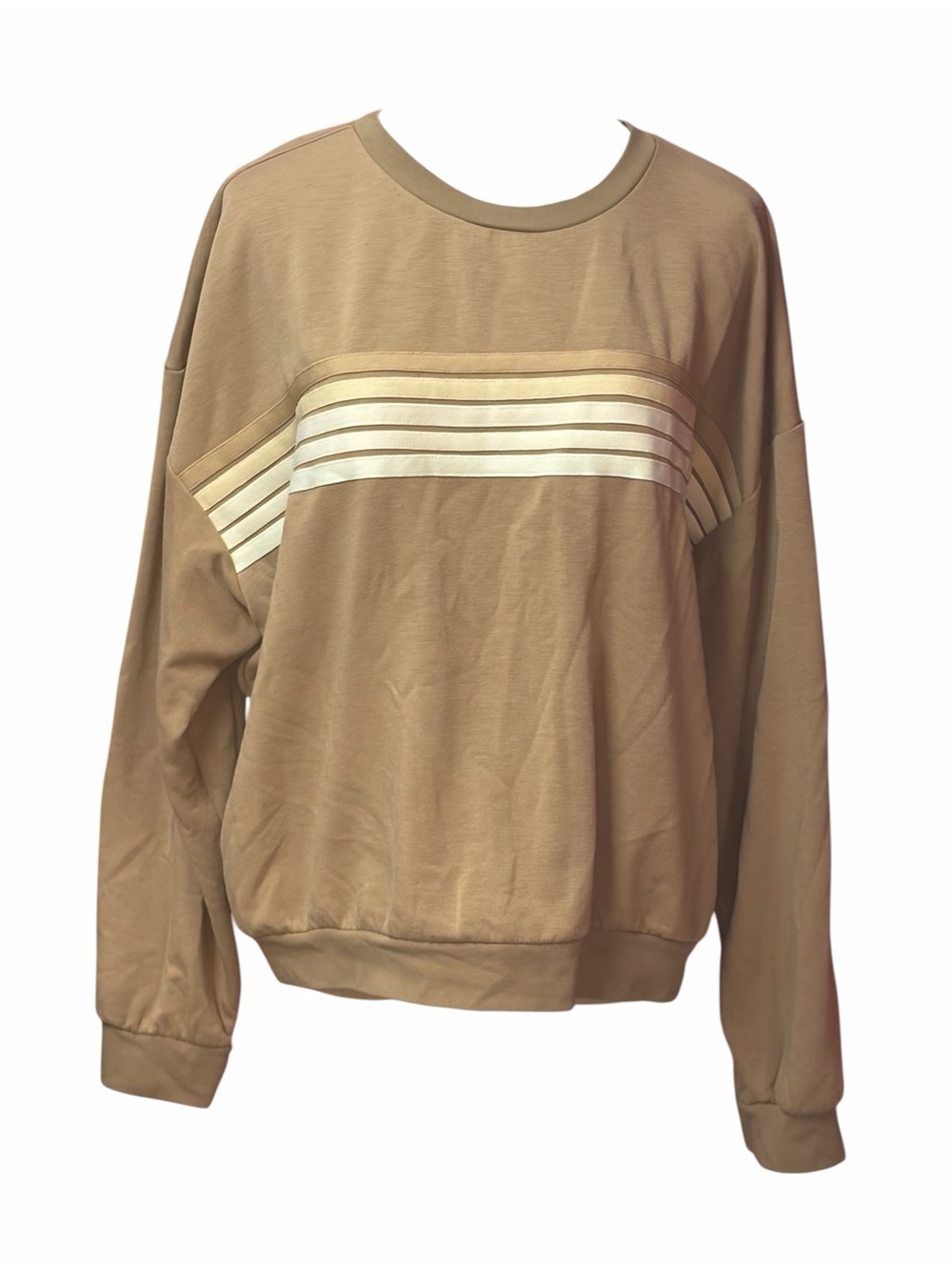 AEMI + CO Tan Striped Crewneck Sweatshirt Oversized Lounge Pullover Large
